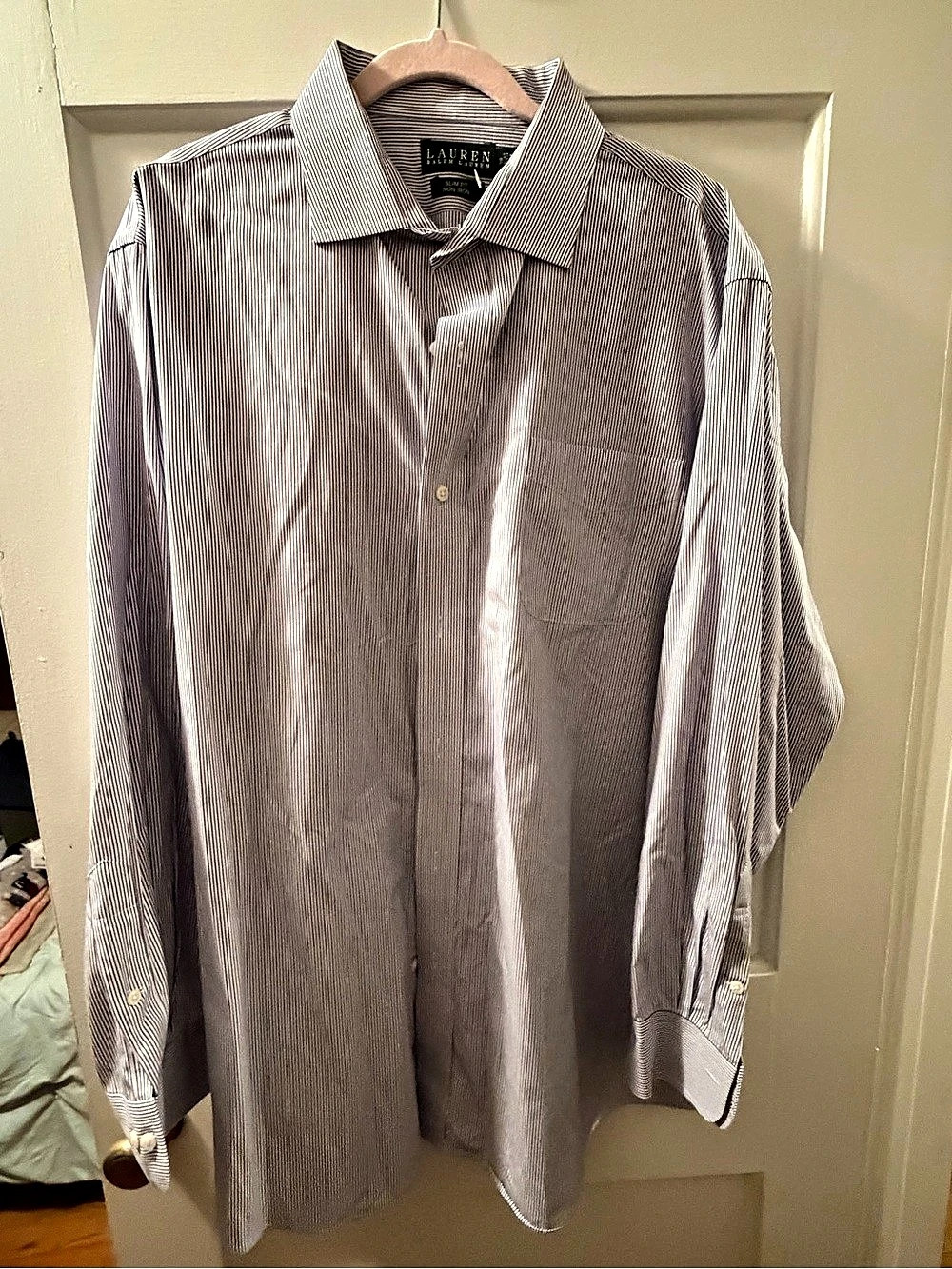 Lauren Ralph Lauren Slim Fit Non Iron Dress Shirt Striped Shirt Purple & White